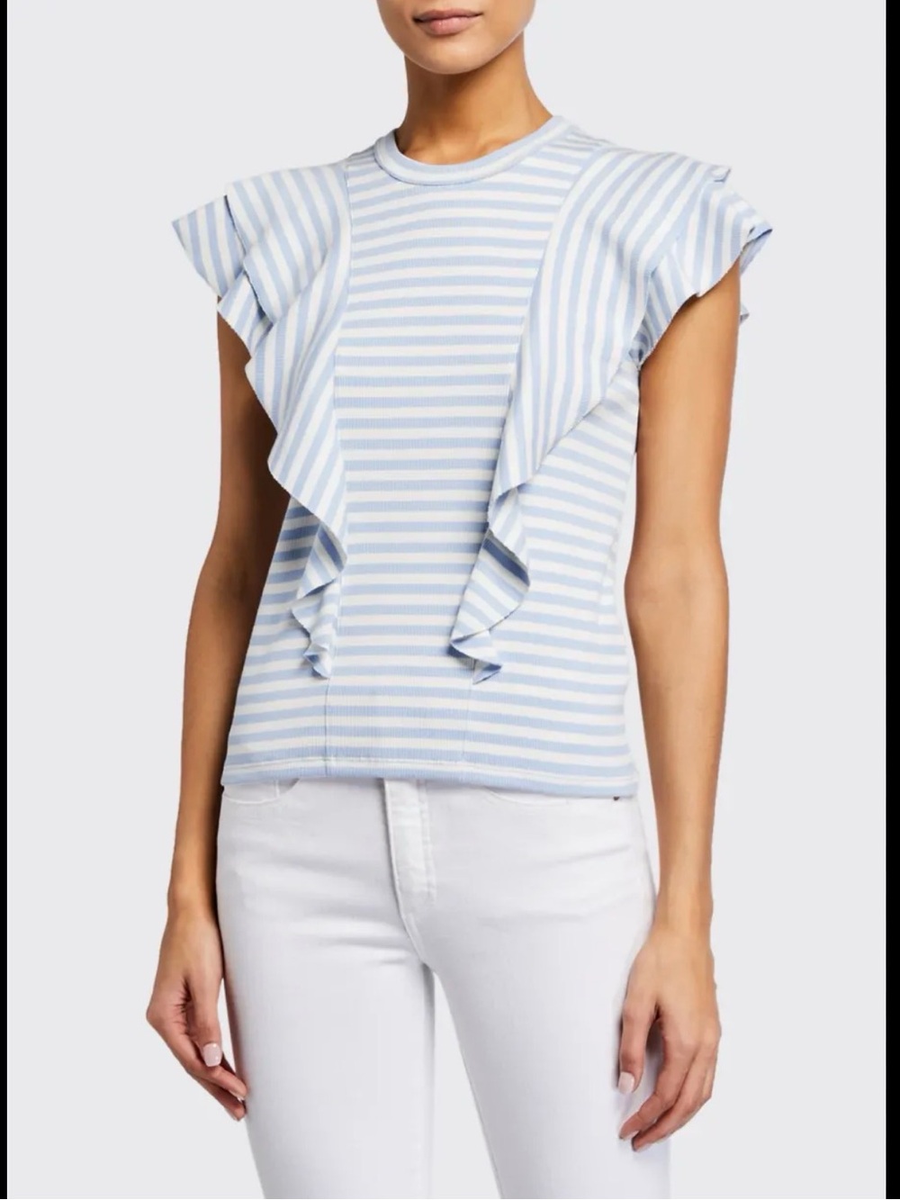 Veronica Beard Blue and White Bea Striped Ruffle Sleeve Tee